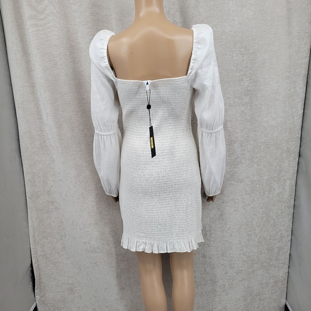 Gianni Bini Tally Smocked Linen Blend White Puff Long Sleeve Dress Large NEW - Picture 10 of 16